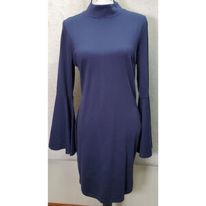 Venus Sheath Dress Women Large Navy Rayon Long Bell Sleeve Mock Neck Back Zipper